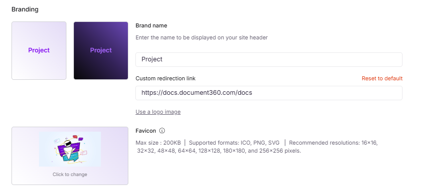 Document360 branding settings with logo and custom redirection link options displayed.