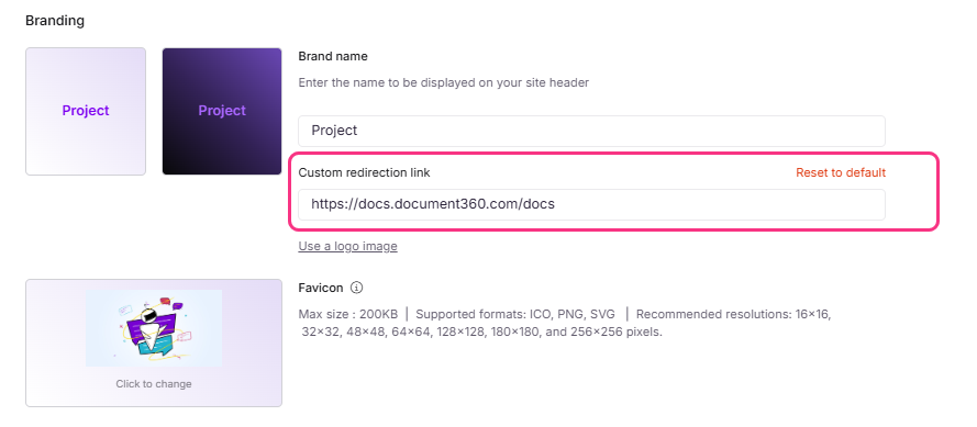 Document360 branding settings with logo and custom redirection link options displayed.
