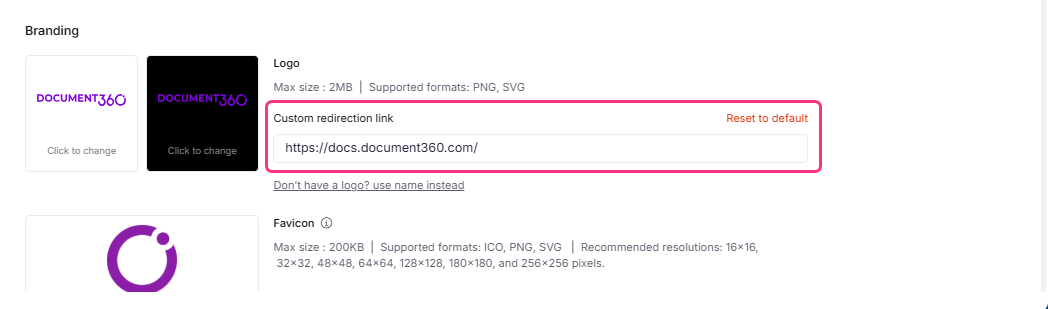 Document360 branding settings with logo and custom redirection link options displayed.
