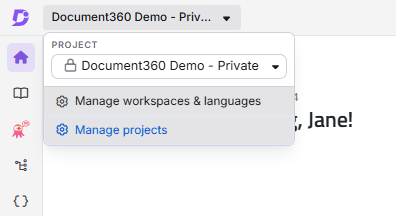Top navigation bar showing the Document360 logo used to navigate to the Your projects page