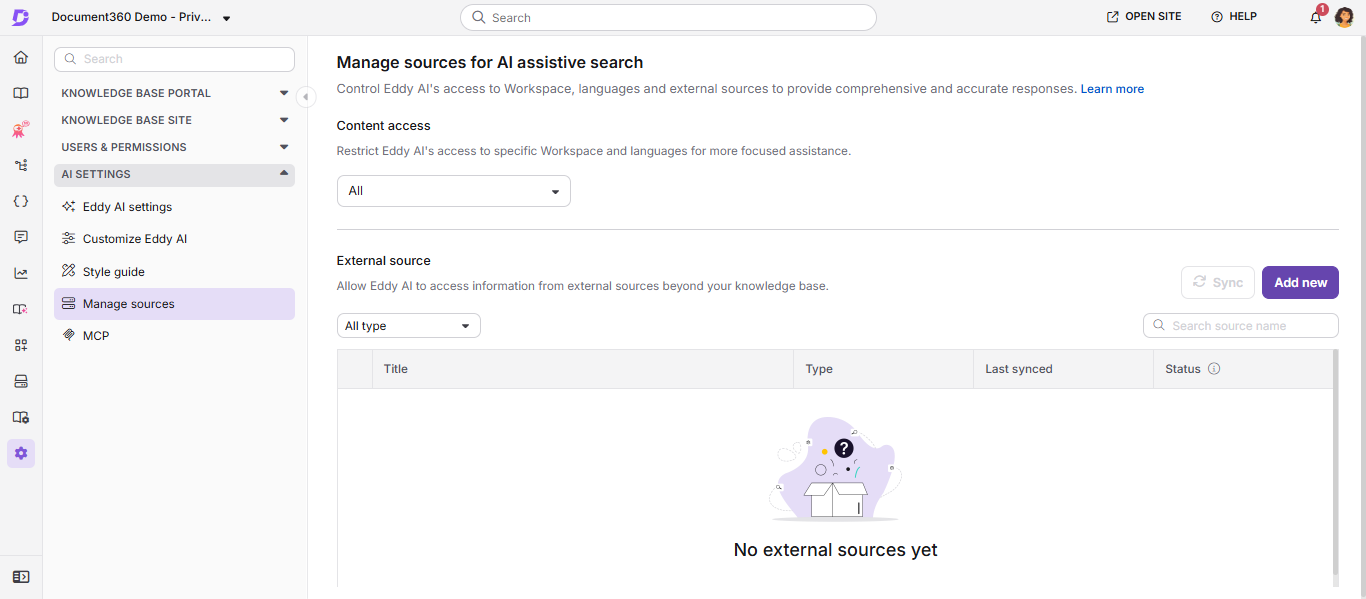 Image showing how to add a new external source for AI to fetch in the Manage sources section of the Knowledge Base portal.