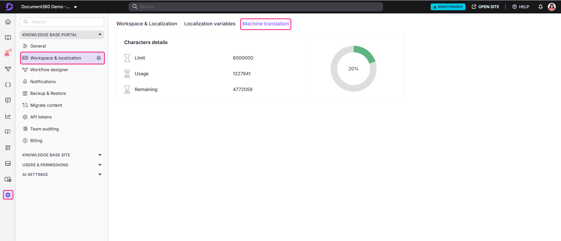 Document360 interface showing workspace localization and machine translation details with usage statistics.