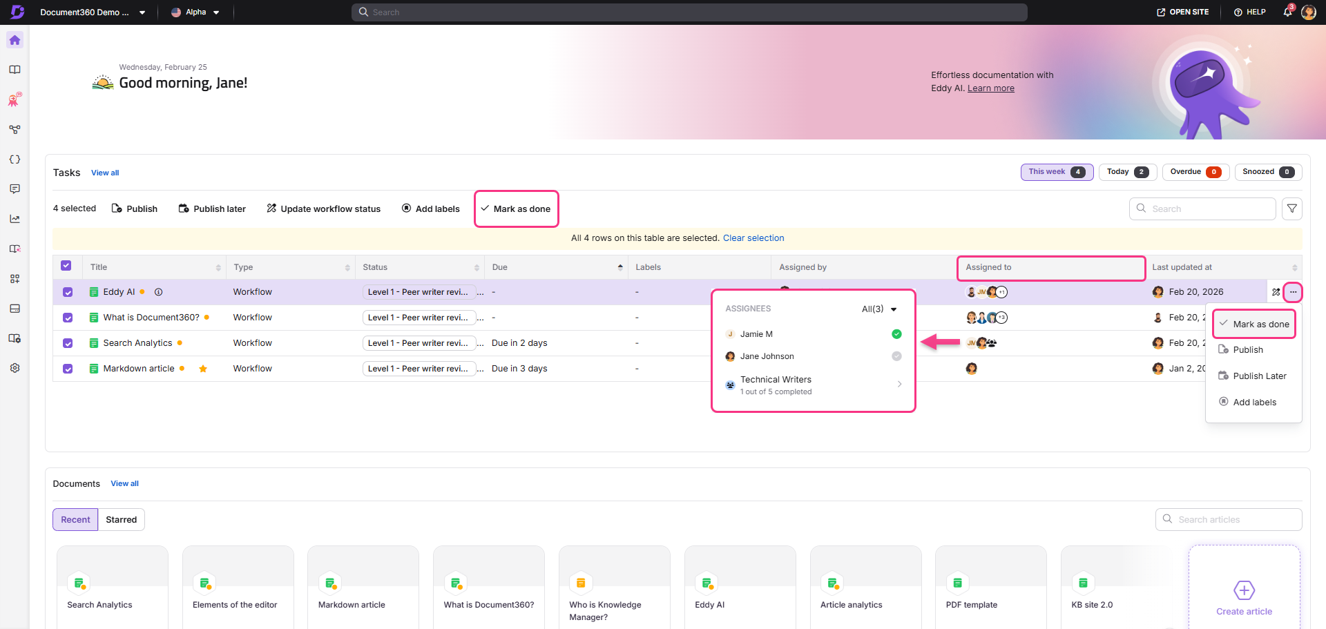 Task management interface showing assigned tasks and options for marking them as done.