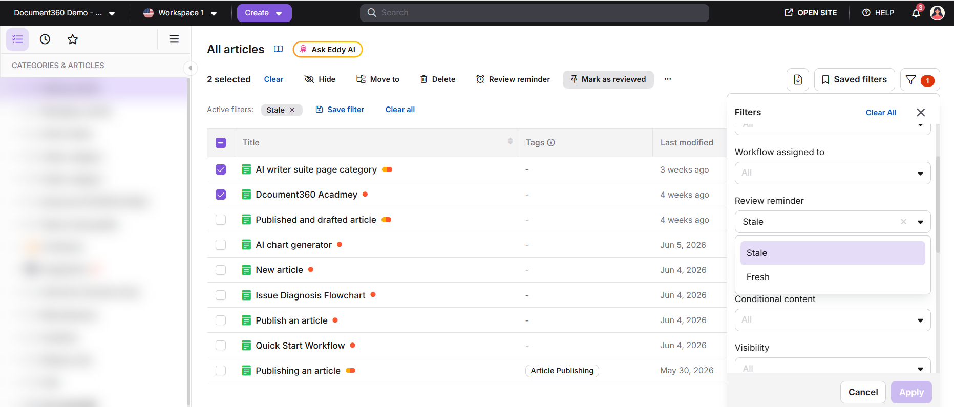 All articles page showing bulk selection with Review reminder and Mark as Reviewed options