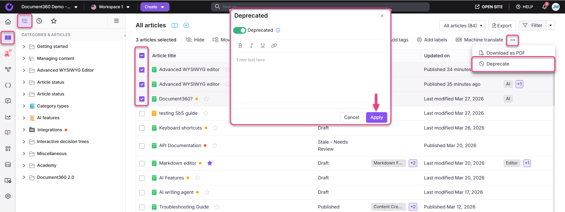 User interface showing article management with options to deprecate and download articles.