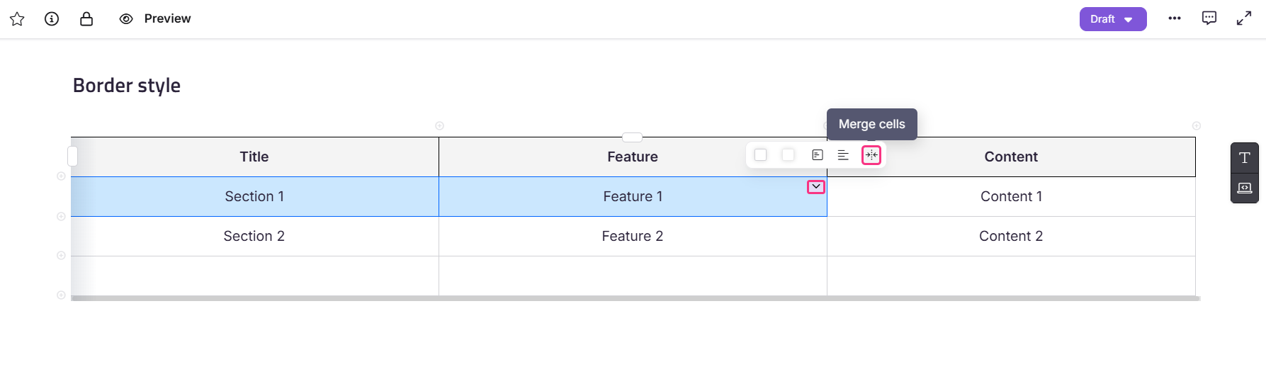 Table displaying sections, features, and content with an option to merge cells.