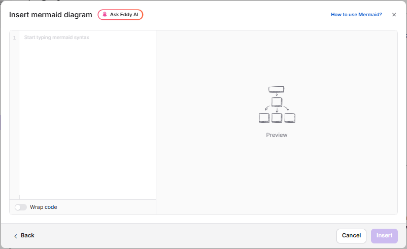 Interface for inserting a Mermaid diagram with syntax instructions and preview area.
