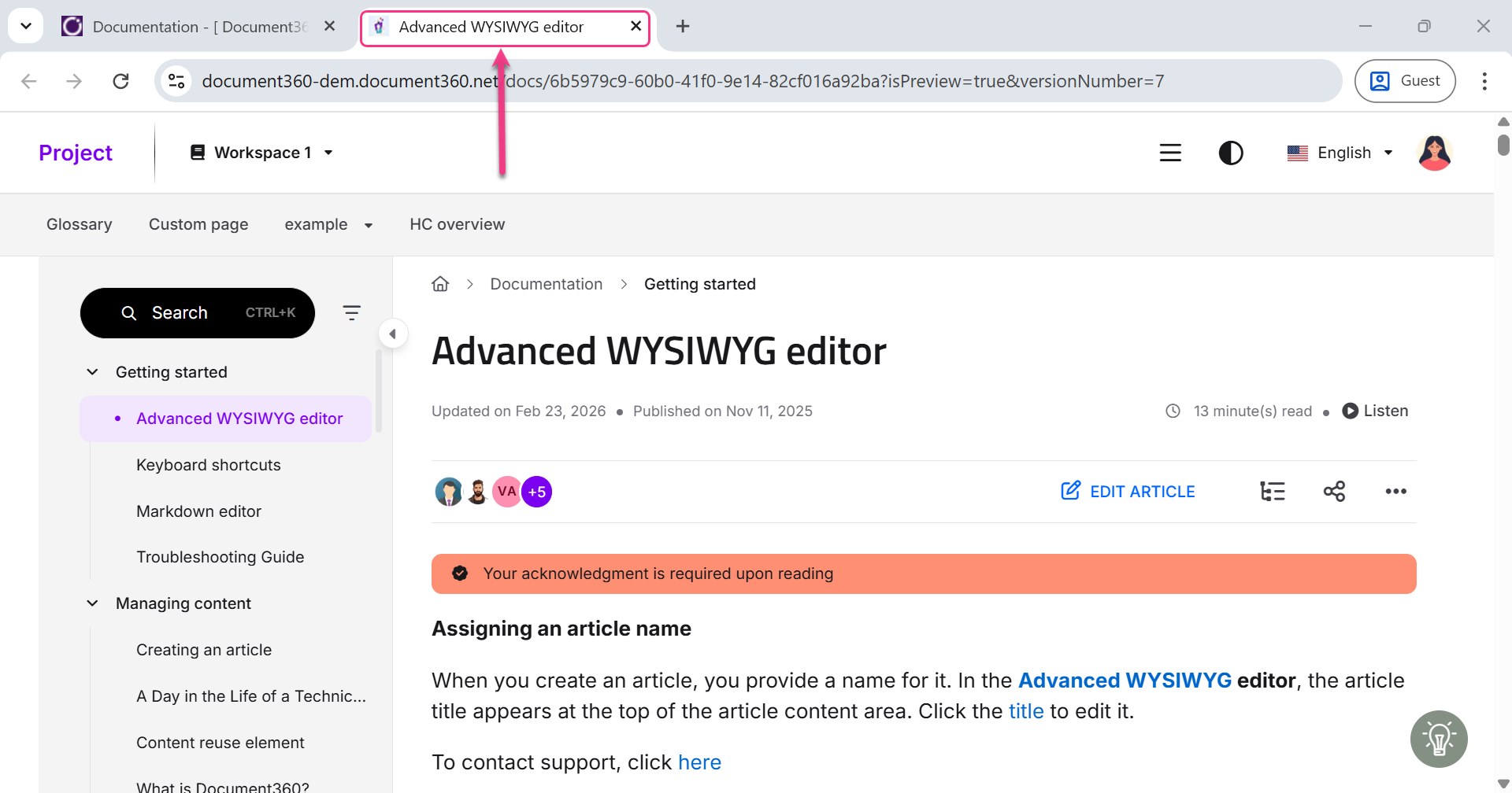 Document interface showing the Advanced WYSIWYG editor with highlighted acknowledgment message.