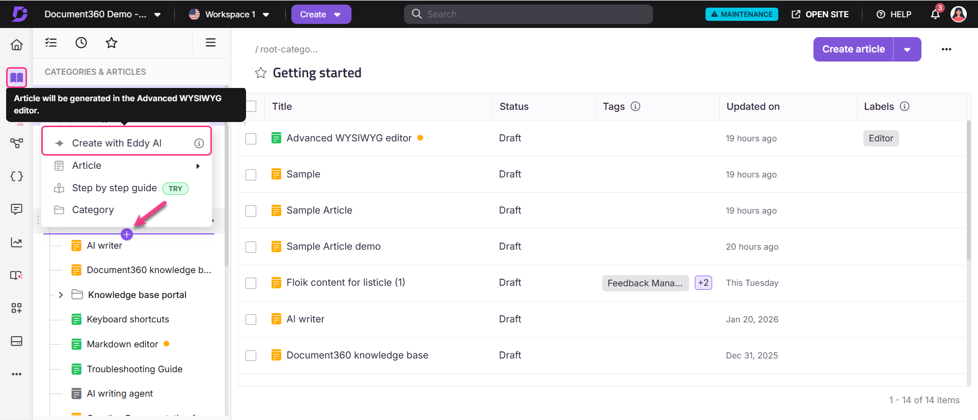Creating an article using Eddy AI in the Document360 editor interface.