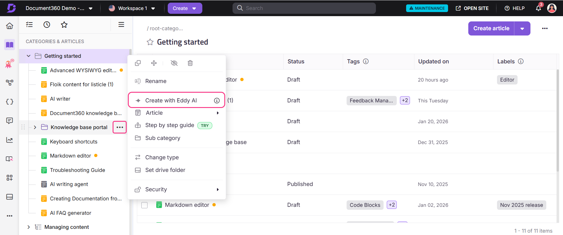 Menu options for creating articles in Document360, highlighting 'Create with Eddy AI'.