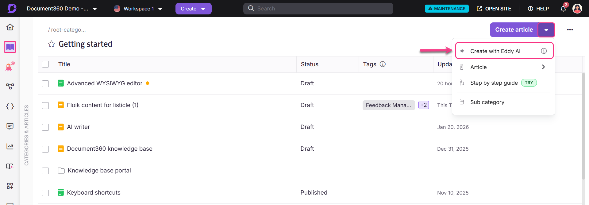 Document360 interface showing article creation options and draft articles list.
