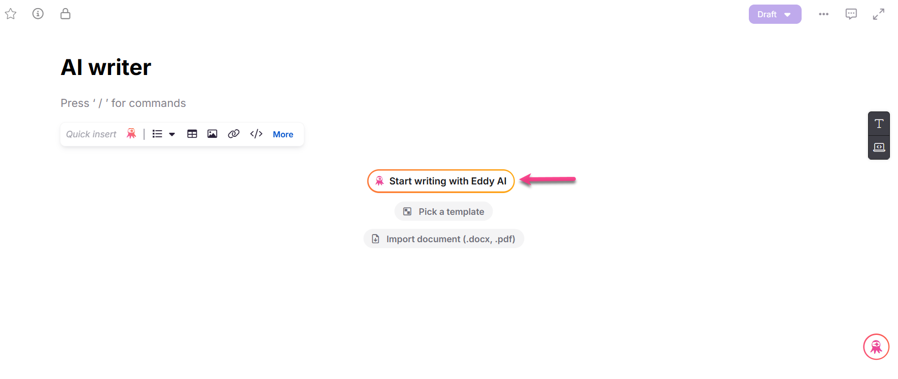 Interface of an AI writing tool with options to start writing and import documents.