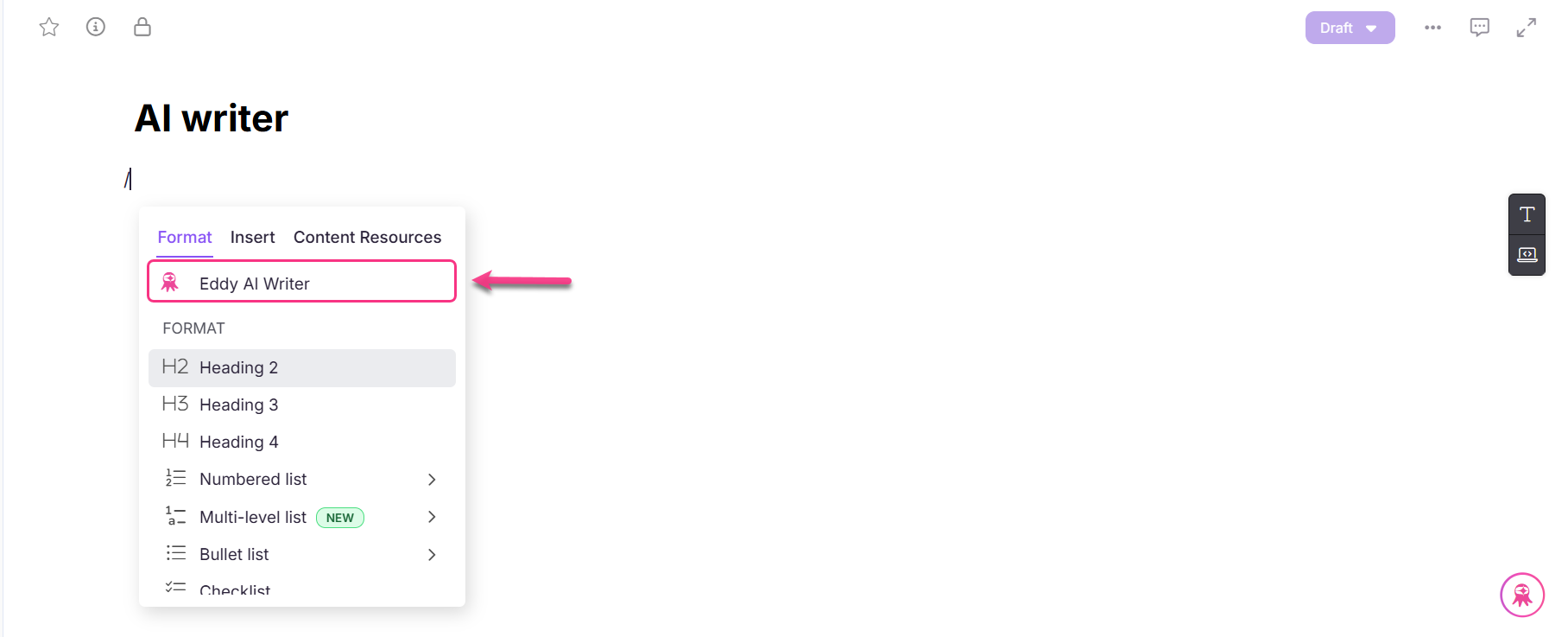 Menu displaying options for formatting and inserting content in an AI writing tool.