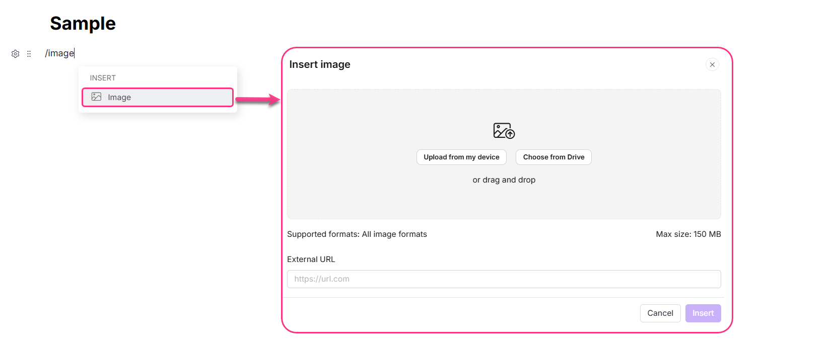 Instructions for inserting an image into a document or webpage interface.