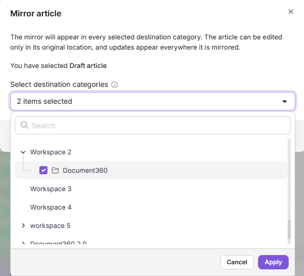 Mirror option in the More menu of the Categories and Articles pane