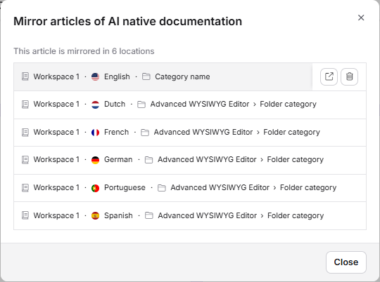 Mirror to panel showing selected articles, count, and the destination category tree