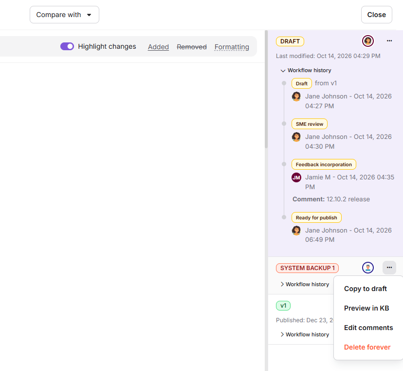 More menu on a version card showing Copy to draft, View in KB, Edit comments, Version visibility, and Delete forever
