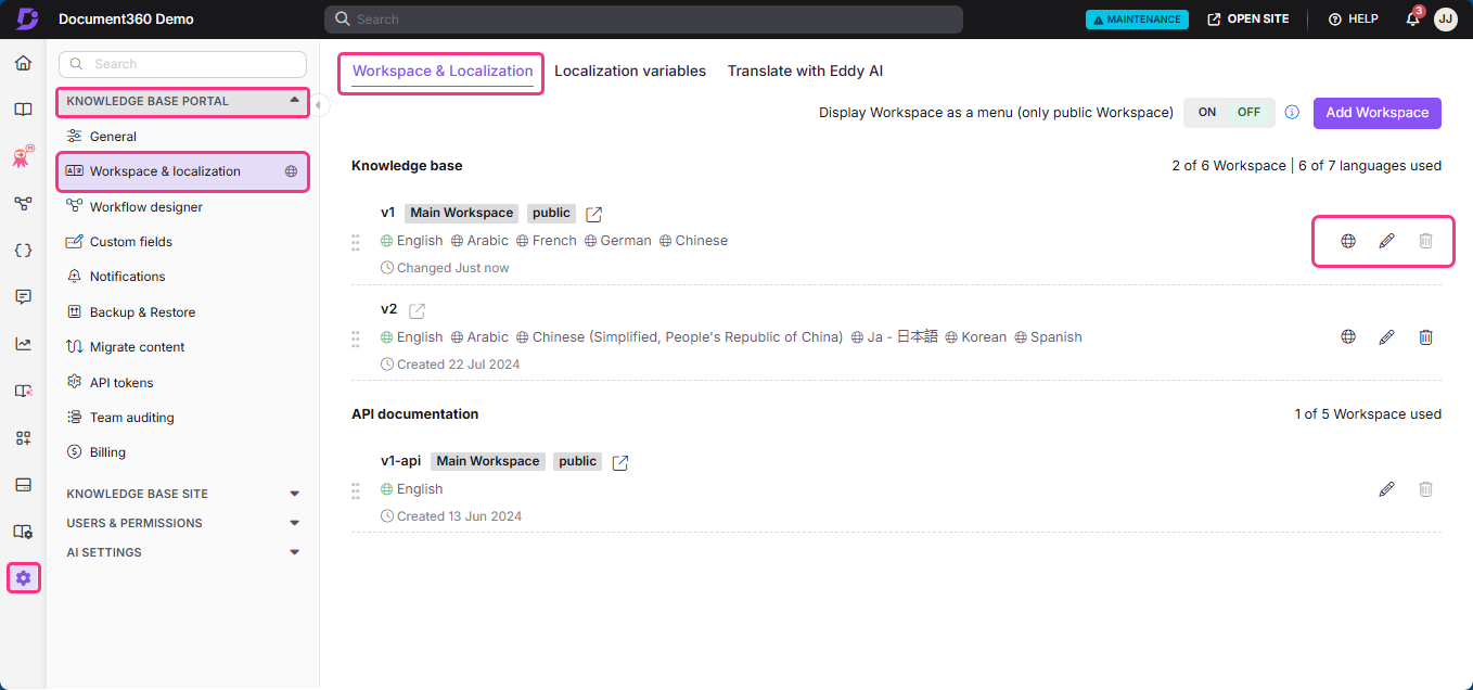 Workspace and localization settings with language options and documentation details displayed.