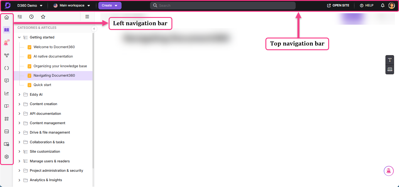 Document360 interface showing left and top navigation bars for user guidance.