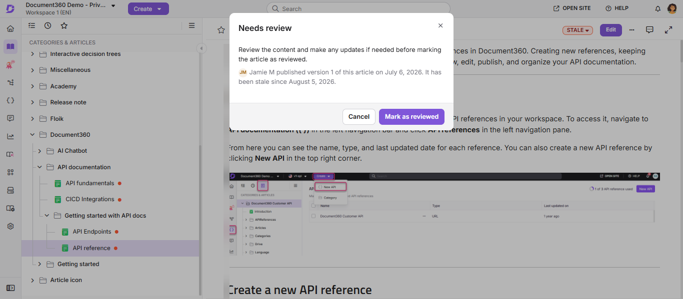 Stale badge review panel showing article details and Mark as reviewed option