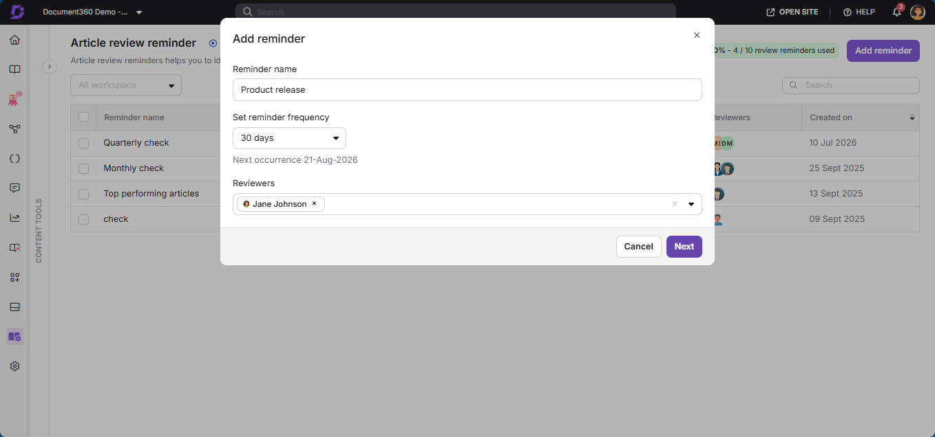 Create review reminder dialog showing reminder name, frequency, and reviewer fields