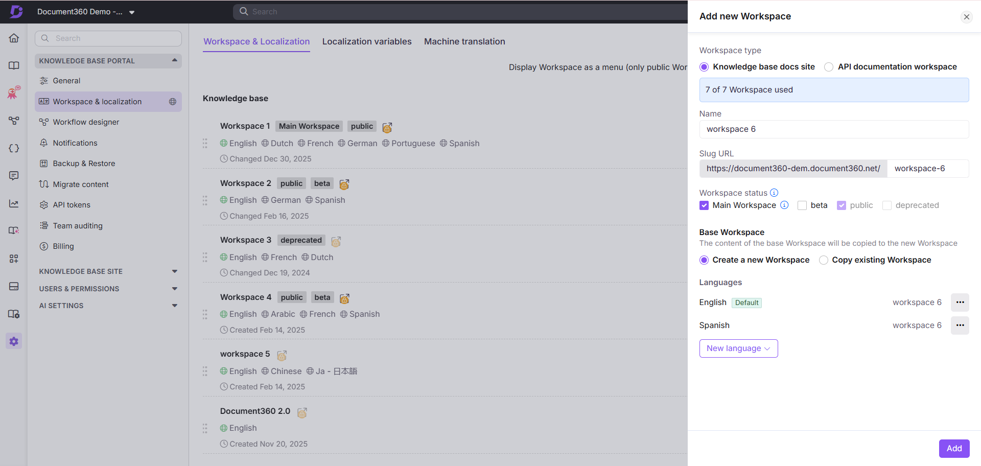 Adding a new workspace with options for languages and workspace type settings.