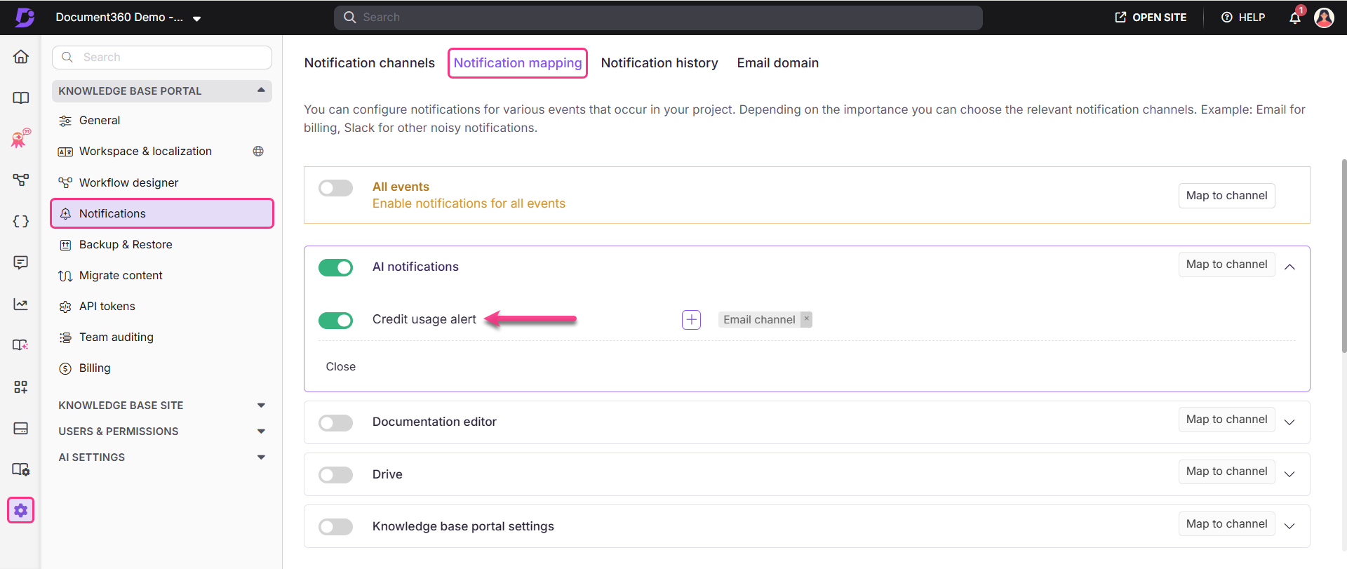 Settings page showing notification options, including credit usage alert and AI notifications.