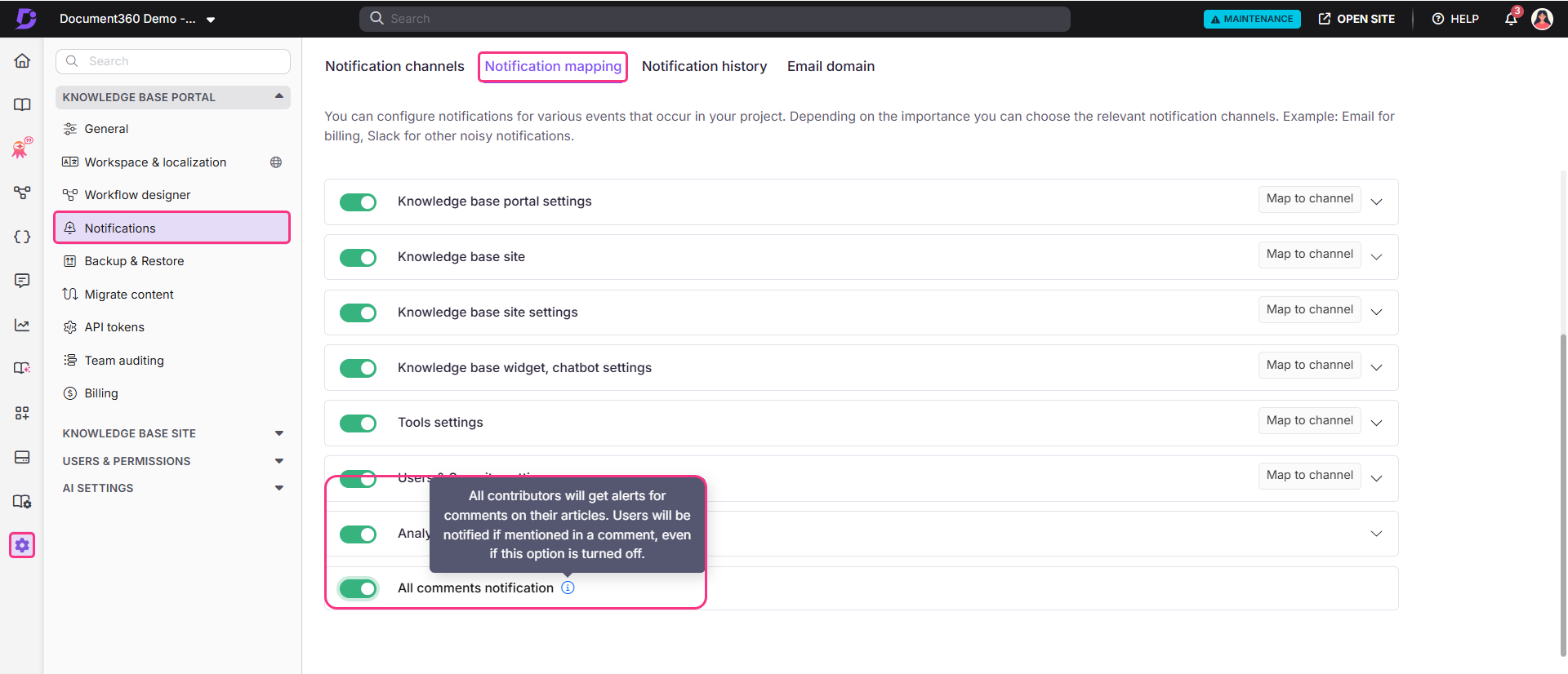 Settings for notification channels and mapping in the knowledge base portal interface.
