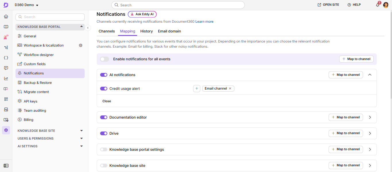 Settings for notification channels in the Document360 knowledge base portal interface.