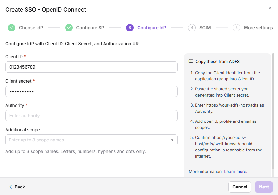 Configure the Identity Provider page for ADFS OpenID Connect in Document360.
