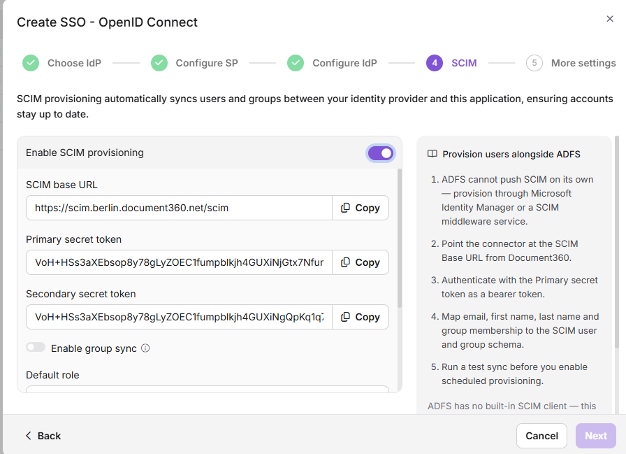 Instructions for enabling SCIM provisioning in Document360 for user synchronization.