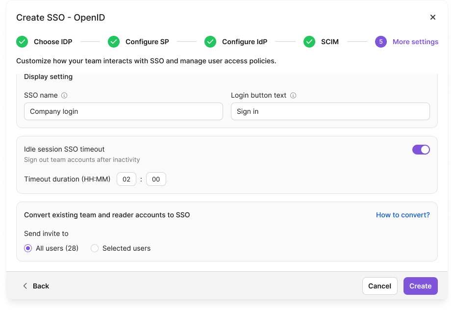 Settings for creating a new SSO, including name and login button customization options.