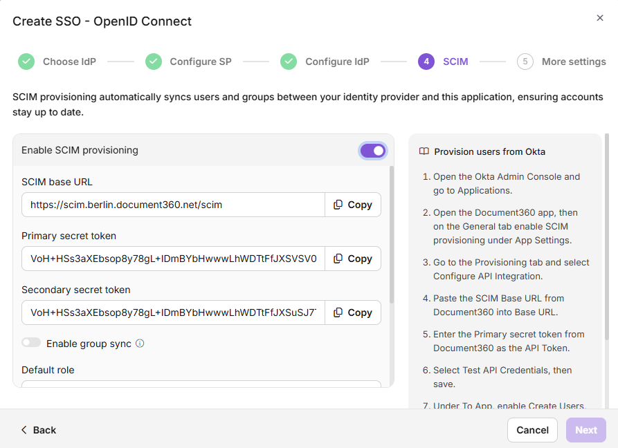 Configuration settings for SCIM provisioning and identity provider setup in Document360.