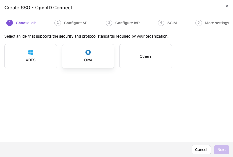 SSO configuration options with identity provider selection highlighted.