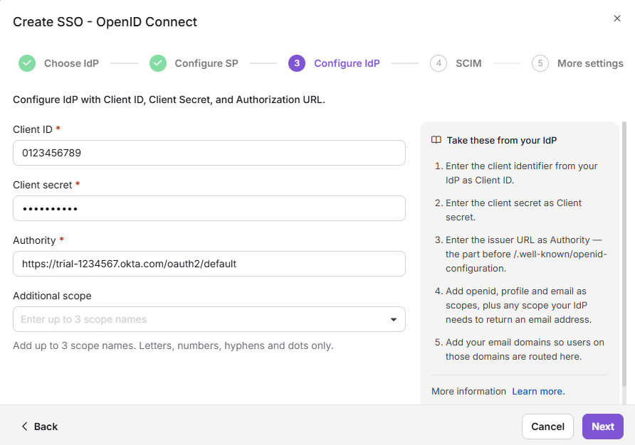 Configure the Identity Provider page for OpenID Connect in Document360.