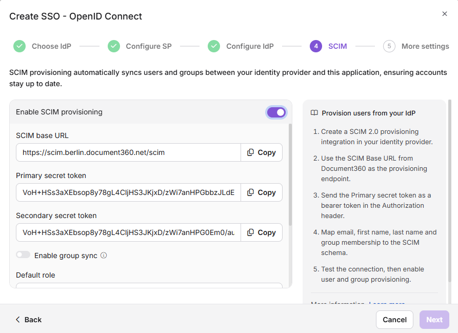 SCIM provisioning settings for integrating Identity Provider with Document360.