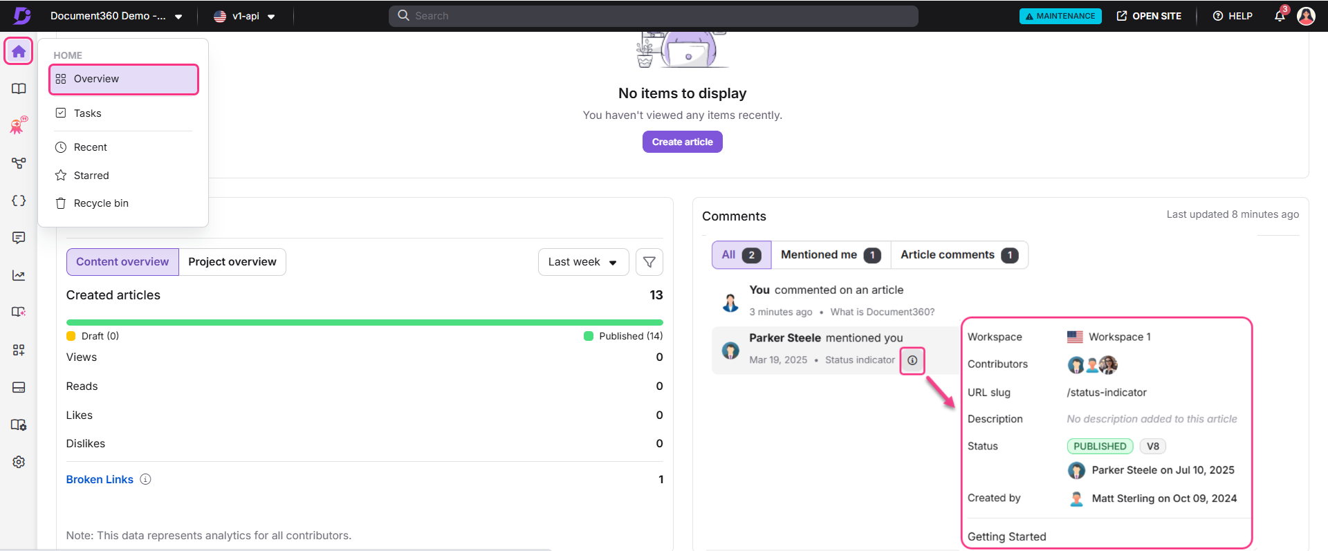 Overview page showing inline comments activity.