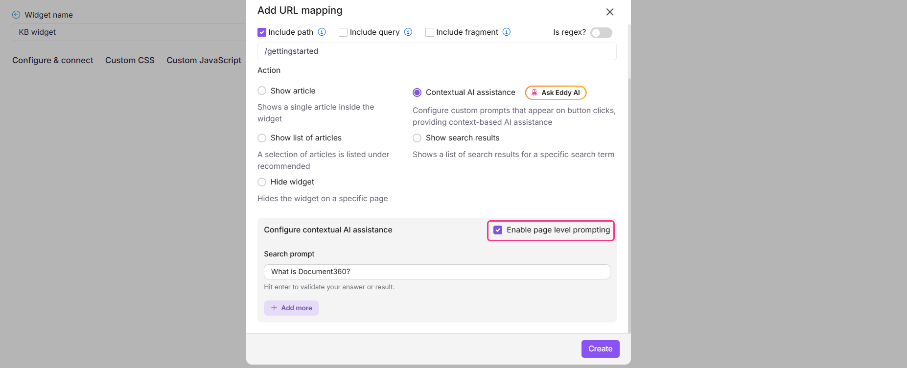 Configuration options for a widget including URL mapping and contextual AI assistance settings.