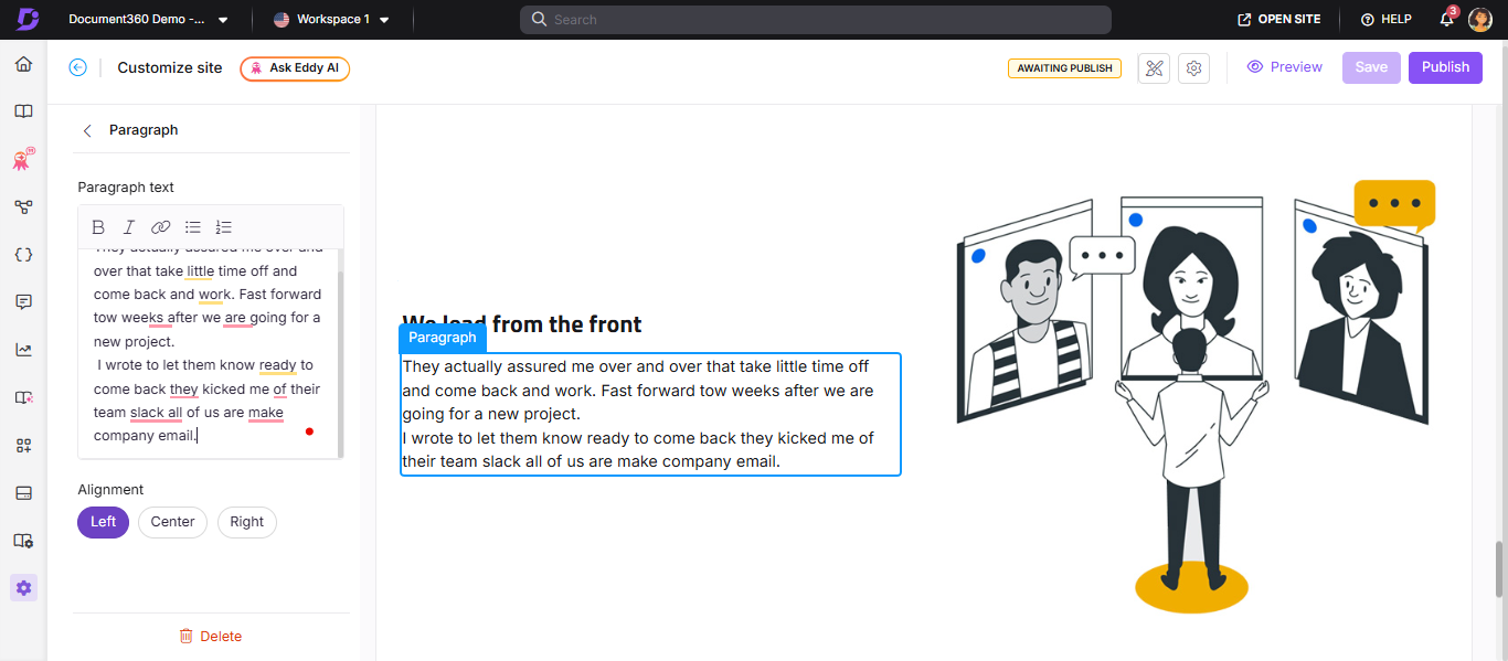 Paragraph panel showing text formatting toolbar, color palette, and alignment options