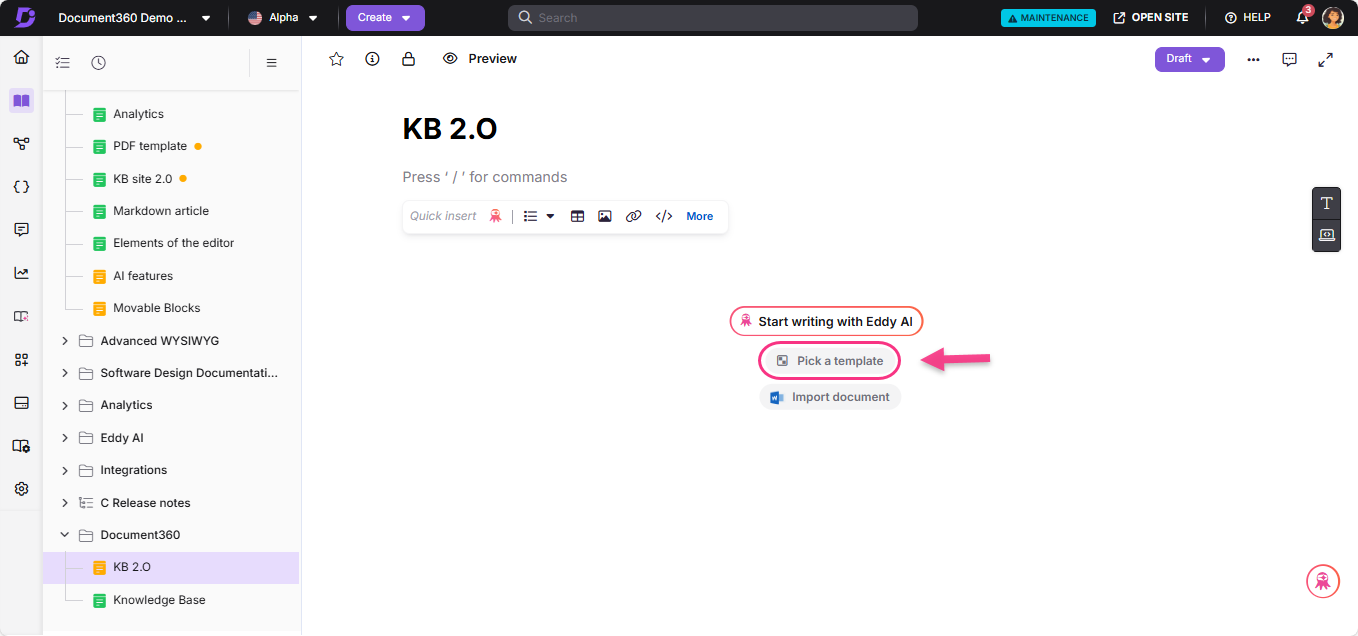 Document360 interface showing options to start writing and pick a template.