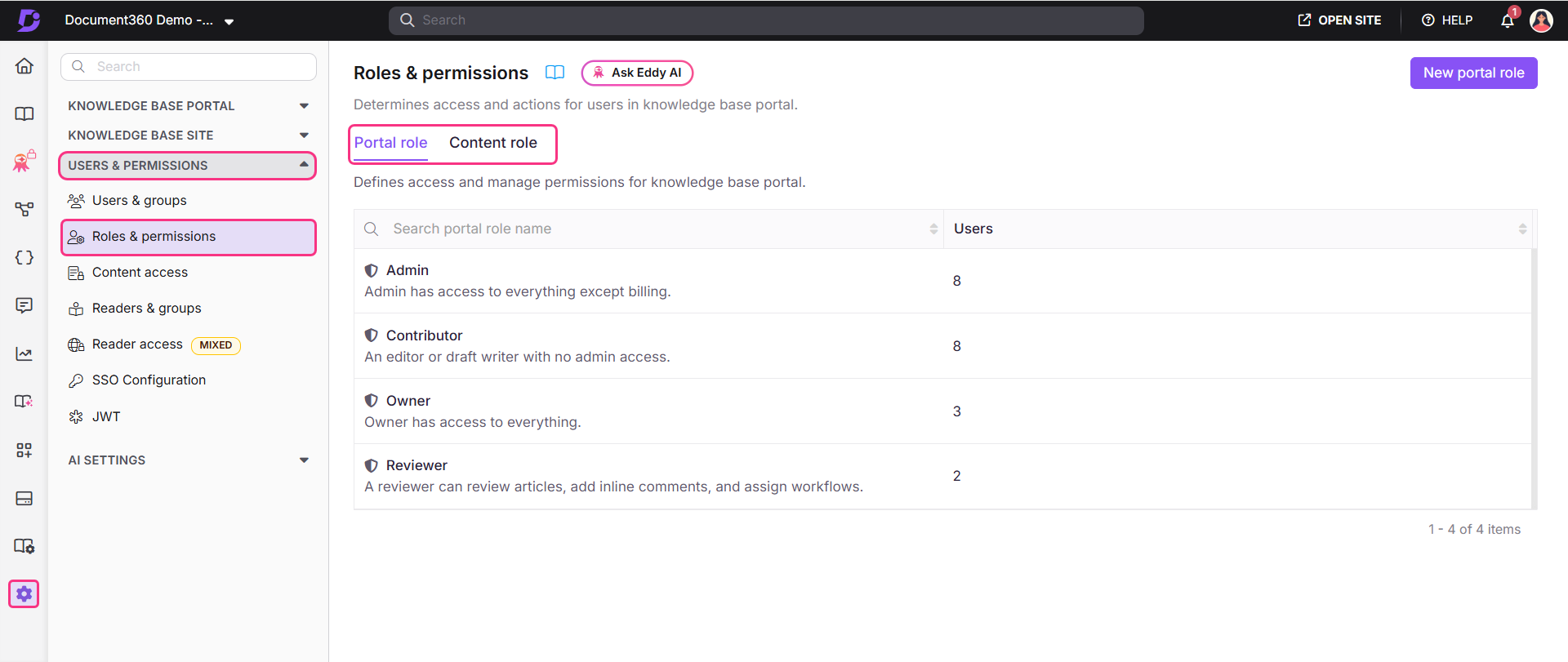 Overview of user roles and permissions in a knowledge base portal interface.