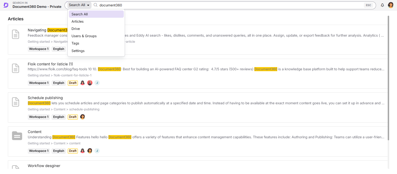 Labels full portal search showing label reference panel with article and page category references.