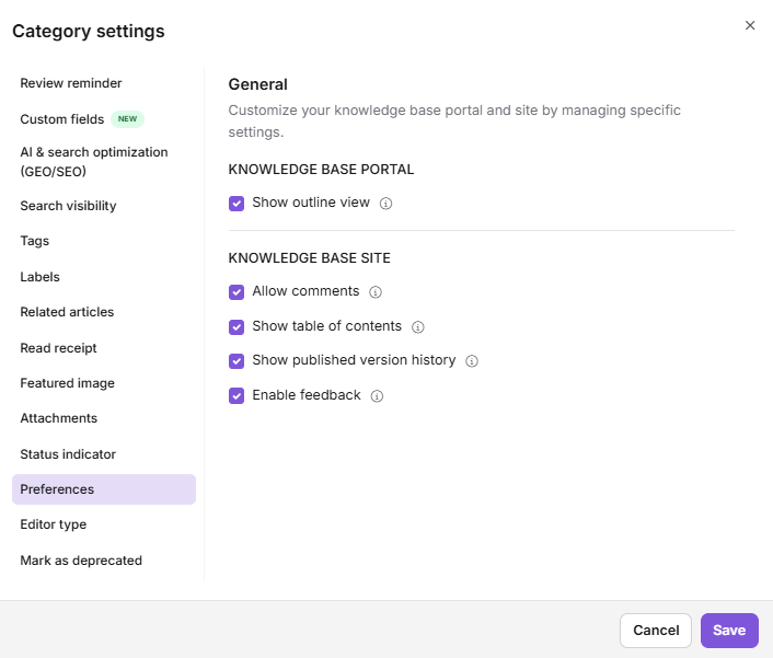 Preferences tab in the Article settings panel showing portal and site preference options
