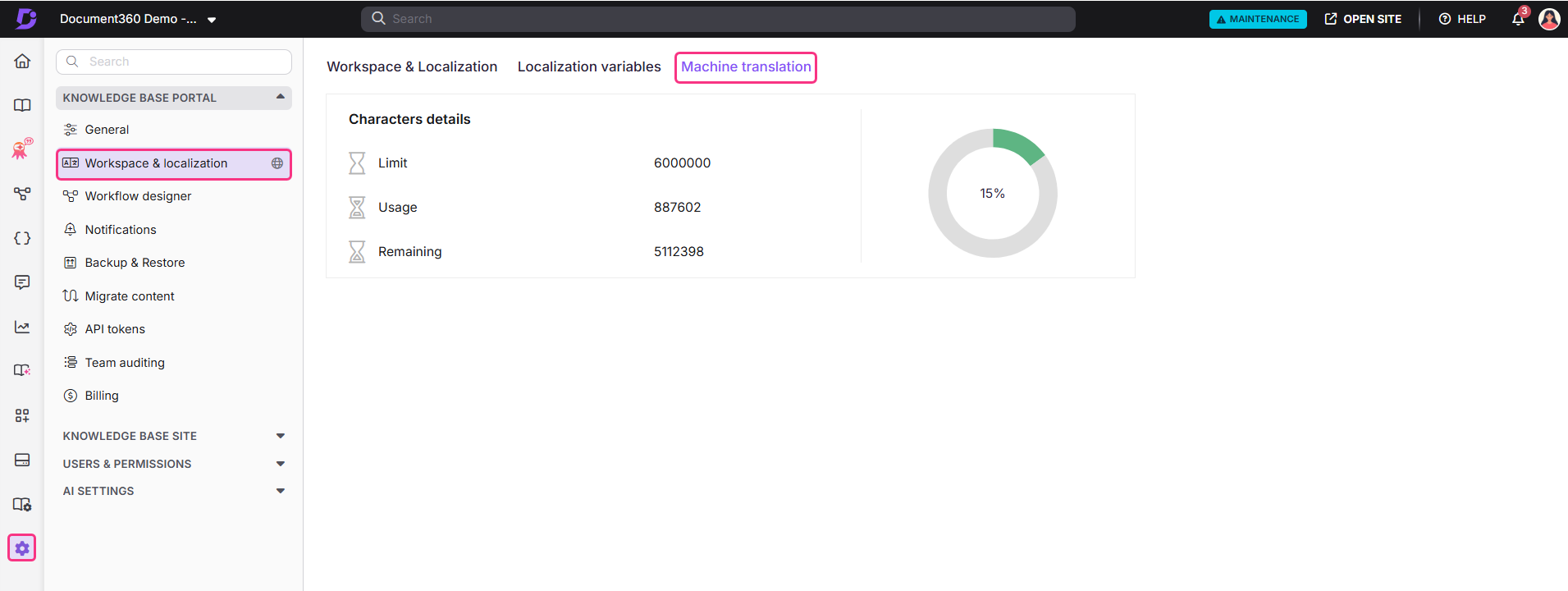 Document360 interface showing workspace localization settings and character usage details.