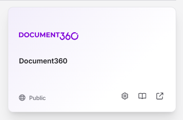 Document360 project tile interface elements including public access and settings options.