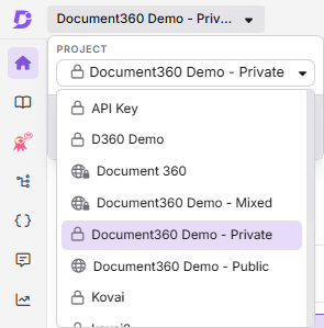 Project, workspace and language selection dropdown in the top navigation bar showing multiple projects with their access type labels
