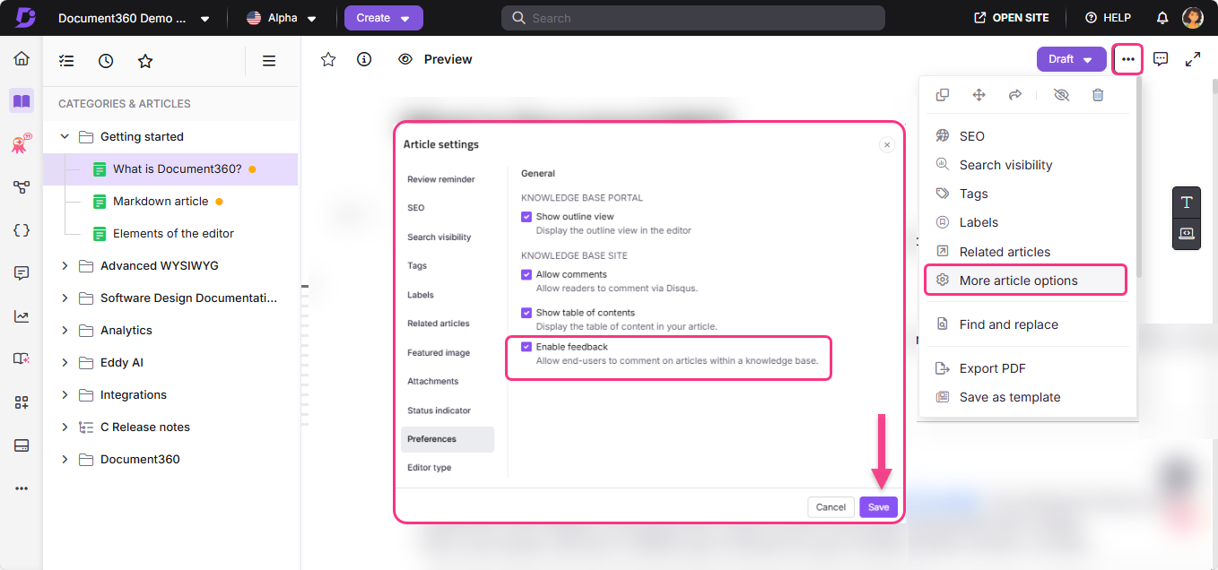Settings menu for Document360 with options for article preferences and feedback.