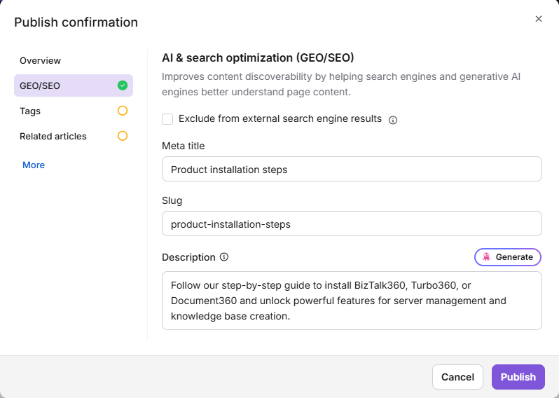 AI and search optimization (GEO/SEO) panel in the publish dialog