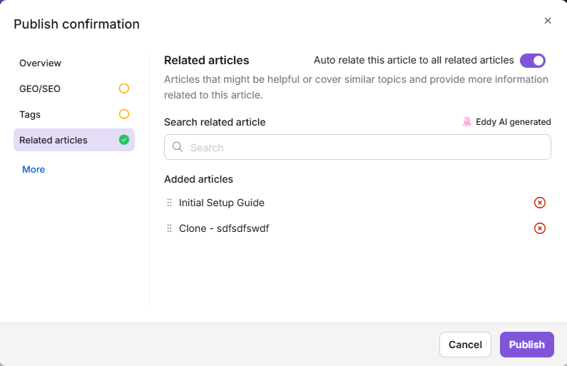 Related articles panel with Eddy AI suggestions and manual search in the publish dialog