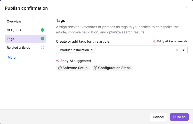 Tag configuration panel with Eddy AI recommendations in the publish dialog